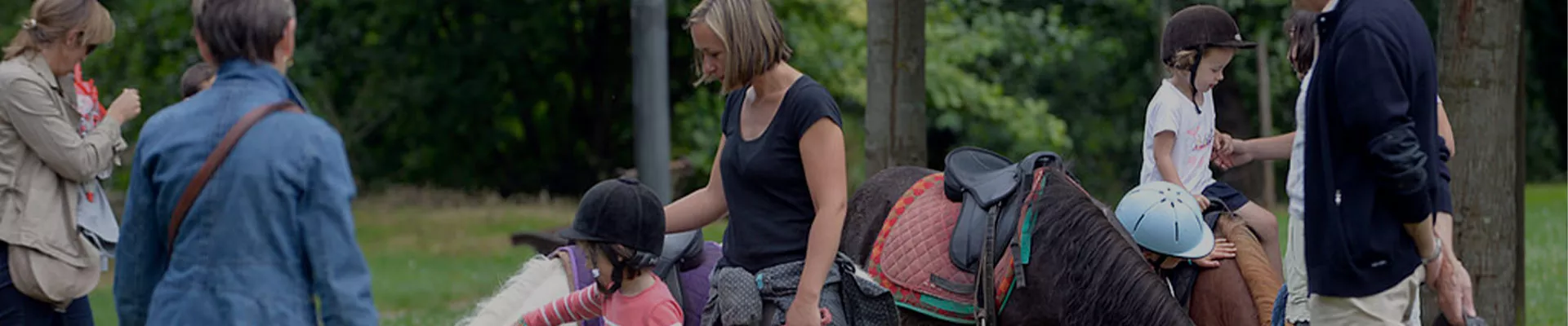Enfants et parents en compagnie de shetlands dans leur ville
