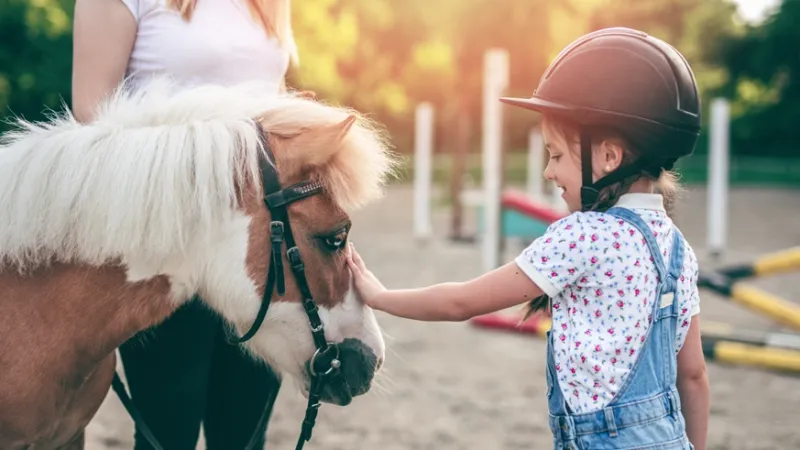 Jeune cavalière caressant son poney